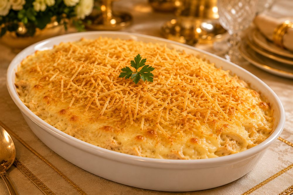 Fricassê de frango gratinado com batata palha